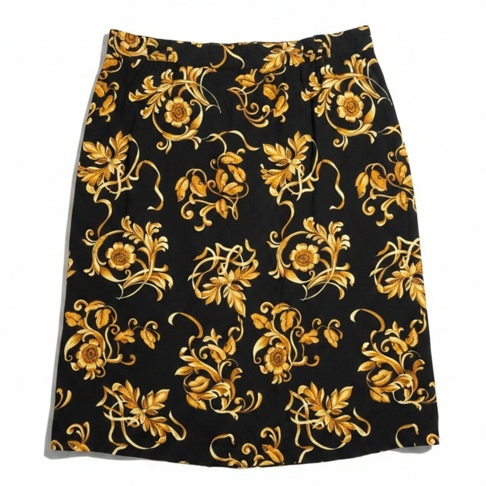 Connections Related Separates Black Gold Baroque Floral Scroll Midi Skirt Womens